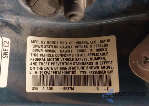 2010 Honda Civic Ex z USA, uszkodzony, nr VIN 19XFA1F81AE068102